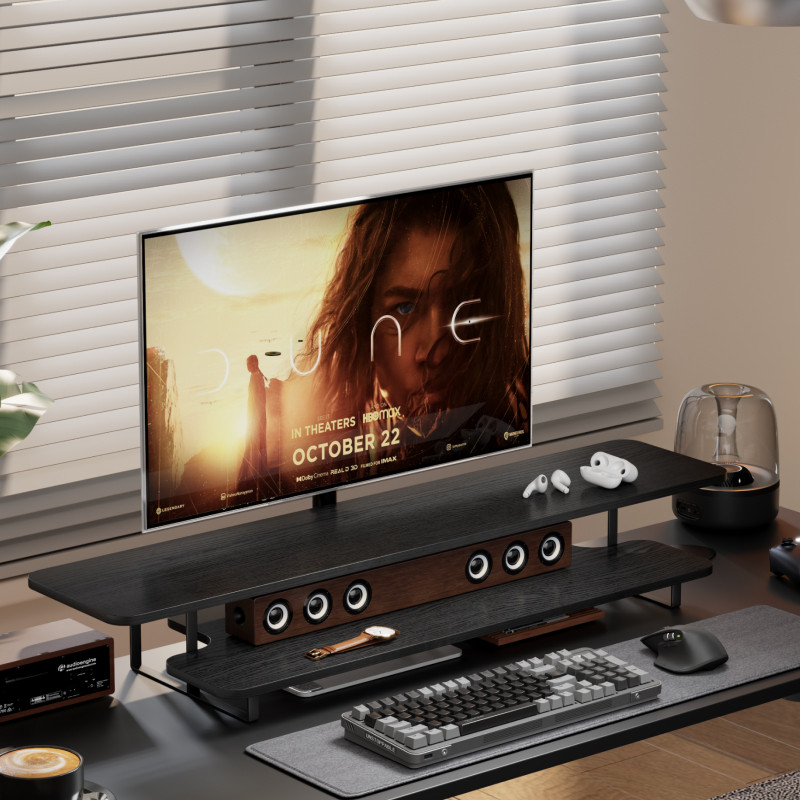 Desk Setup Monitor And Laptop - Walnut Finish Monitor Stand Riser Solid