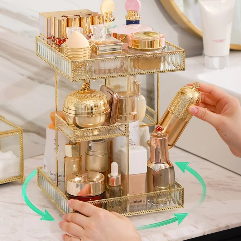 Desk Setup Productivity - Rotating Cosmetic Storage Box Glass Shelf