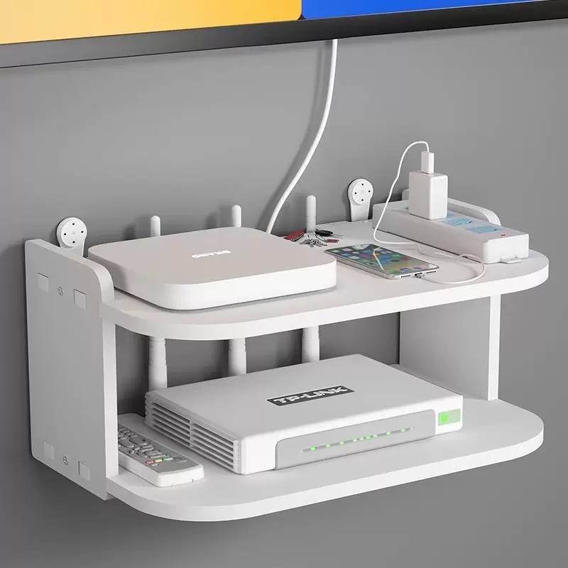 Desk Setup With Tv - Wall-Mounted Router & Cable Organizer Shelf