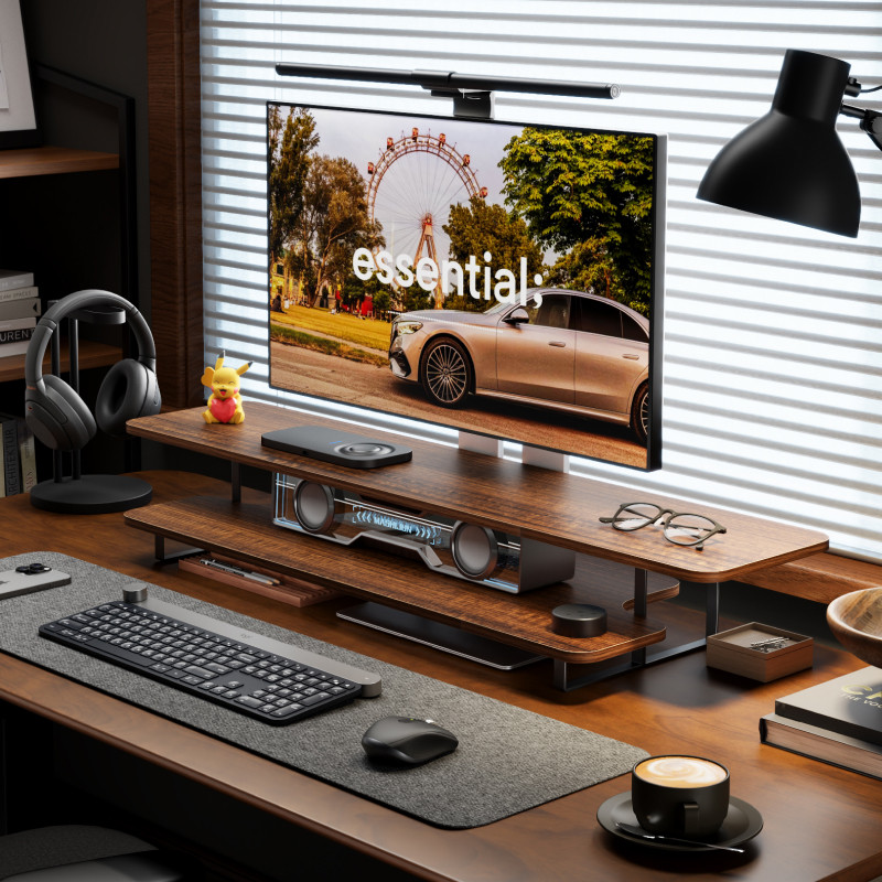 Walnut Finish Monitor Stand Ri - Desk Setup Monitor And Laptop 评论和价格