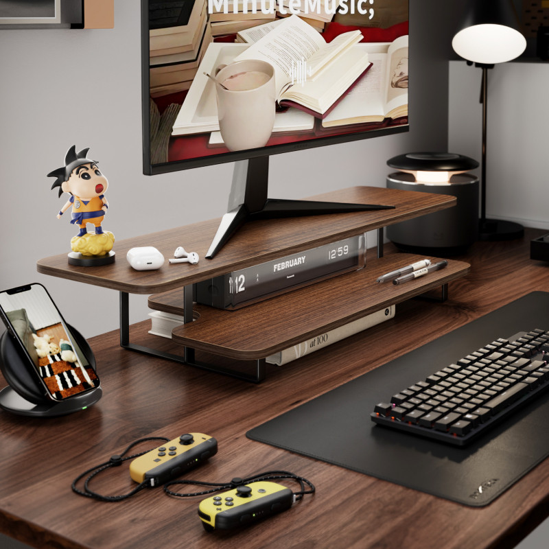 Walnut Finish Monitor Stand Ri - Desk Setup Monitor And Laptop 评论和价格